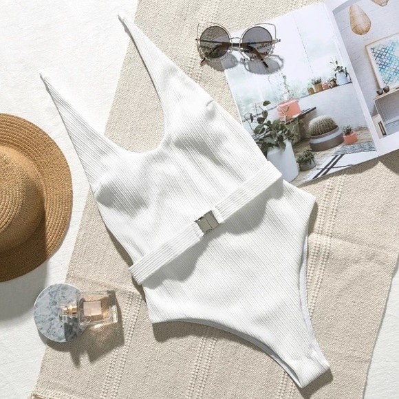 CLEARANCE White Textured Belted Sexy One Piece Swimsuit - Picture 6 of 7